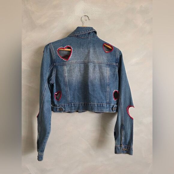 GOGO RARE Rhinestone Heart Cutout Denim Crop Blue Red Jacket Sz M Y2K McBling - Picture 7 of 8